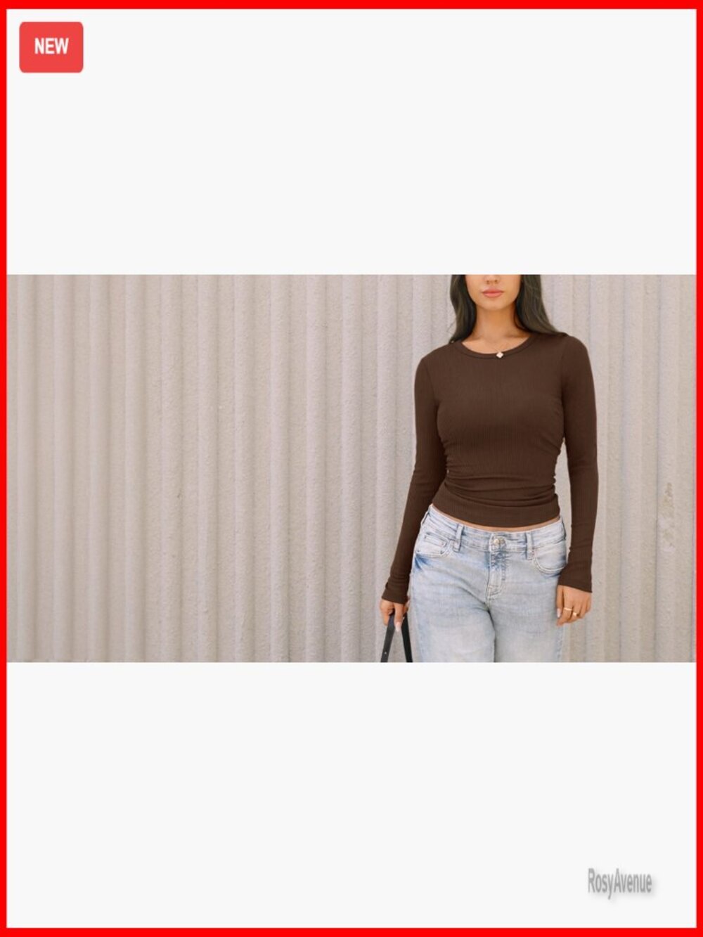 Ribbed Long Sleeve Crewneck Top Stretch Fitted Work Casual - Picture 7 of 7